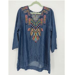 Soft Surroundings Denim Tunic Top Embroidered Aztec V Neck 3/4 Sleeve Size L